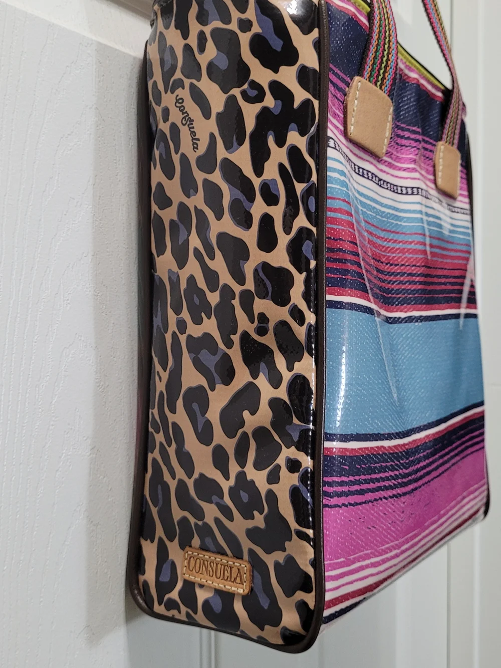 CONSUELA Striped Pink & Blue Tote Bag with Leopard Side Panel